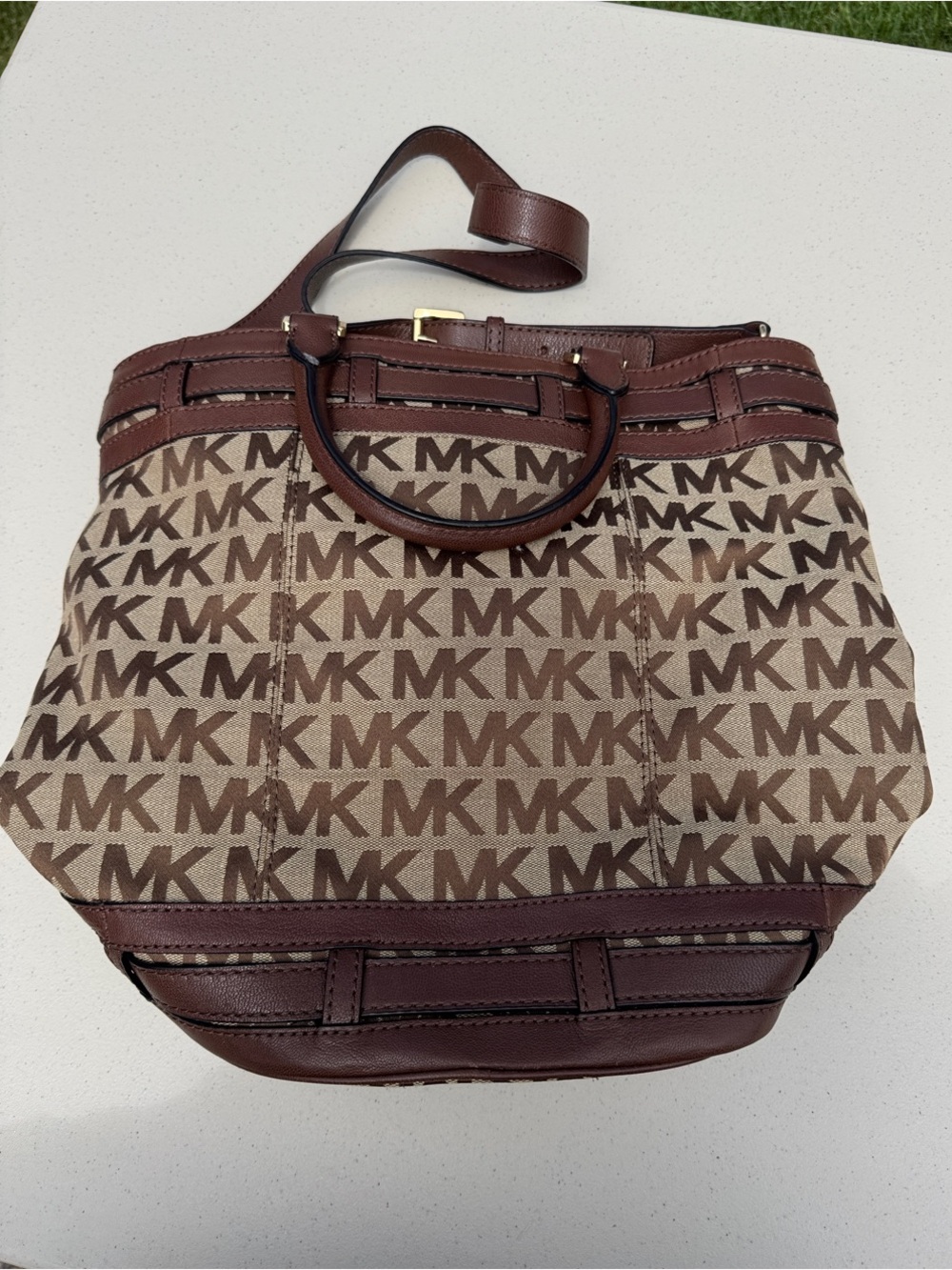 Michael Kors Brown and Tan MK Logo Messenger Tote